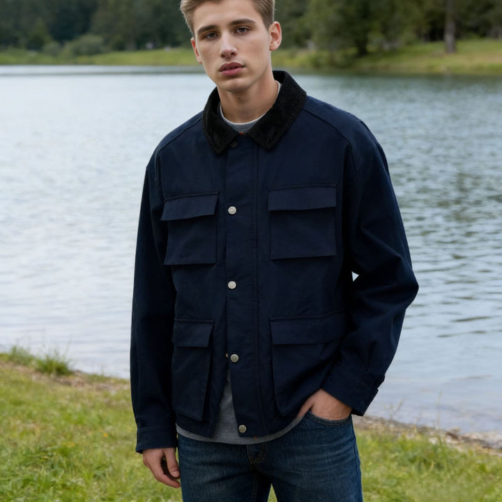 Men's wax jacket in field style with corduroy collar and multiple pockets Mune Fashion