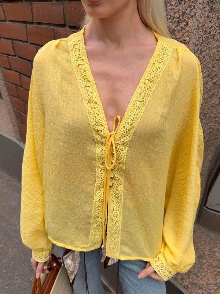 Women's Light V-Neck Lace Blouse with Tie, Pearl Detail & Volume Sleeves Mune Fashion