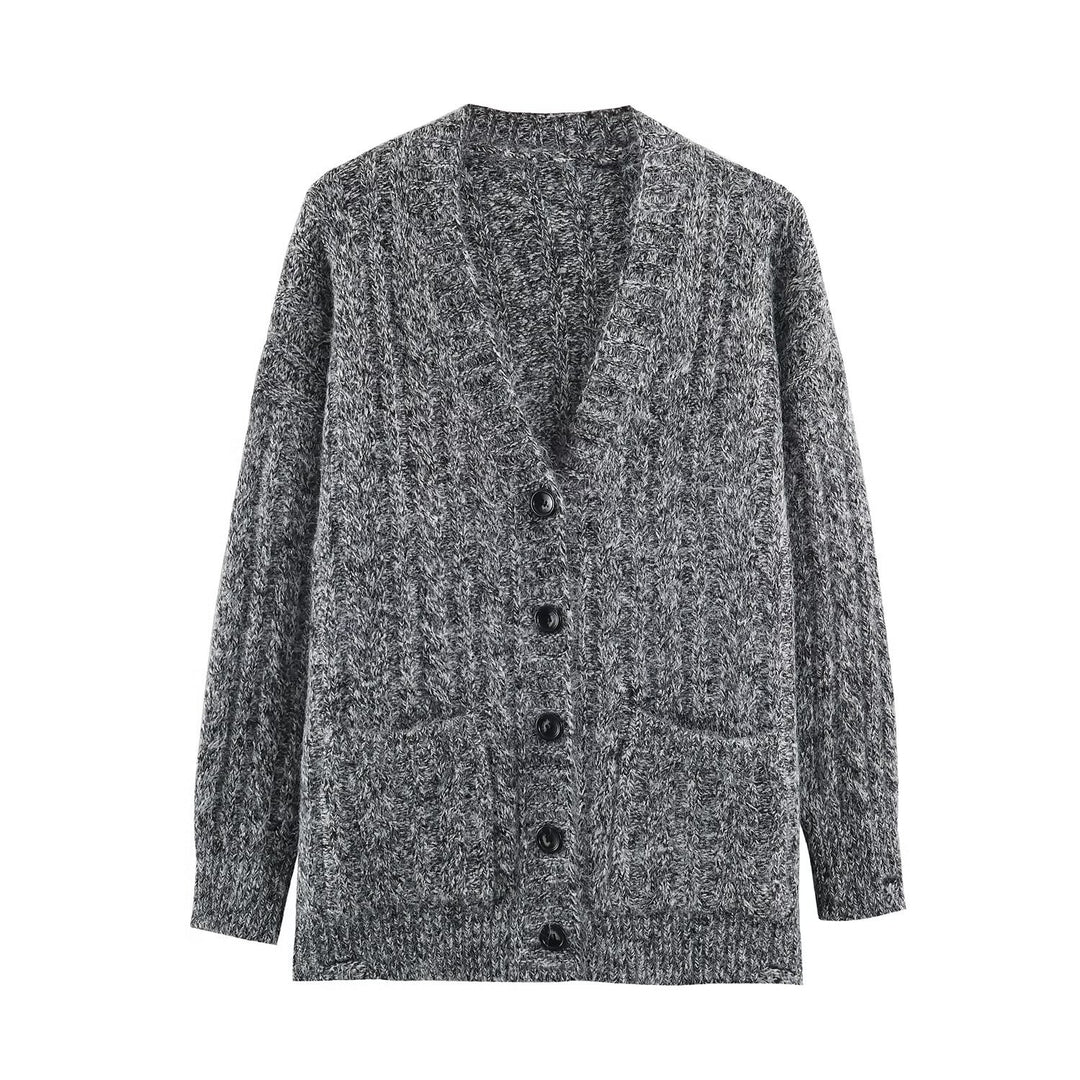 Women Large Knitted Oversize Cardigan with Cable Knit V-Neck and Patch Pockets Mune Fashion