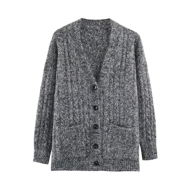 Women Large Knitted Oversize Cardigan with Cable Knit V-Neck and Patch Pockets Mune Fashion