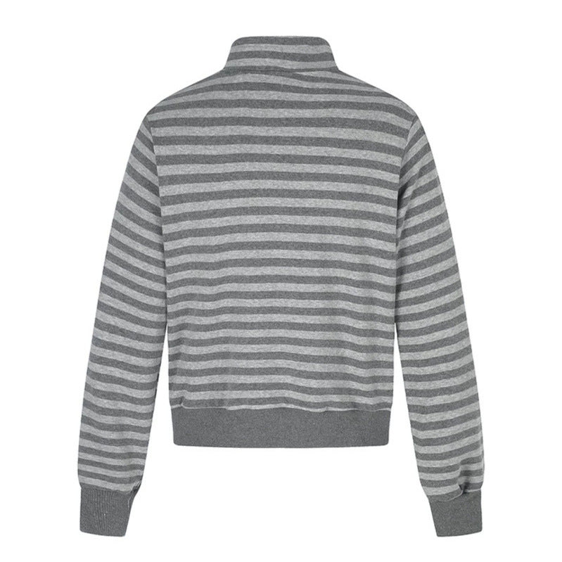 Women's Striped Zip Sweat Jacket with Stand Collar, Zipper Pockets and Vintage Flag Print Mune Fashion