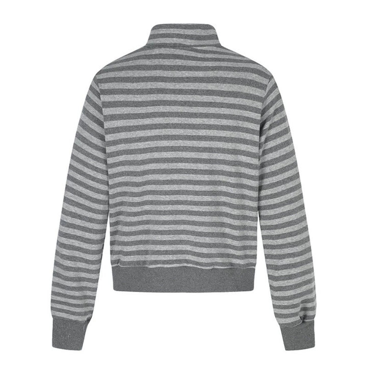 Women's Striped Zip Sweat Jacket with Stand Collar, Zipper Pockets and Vintage Flag Print Mune Fashion