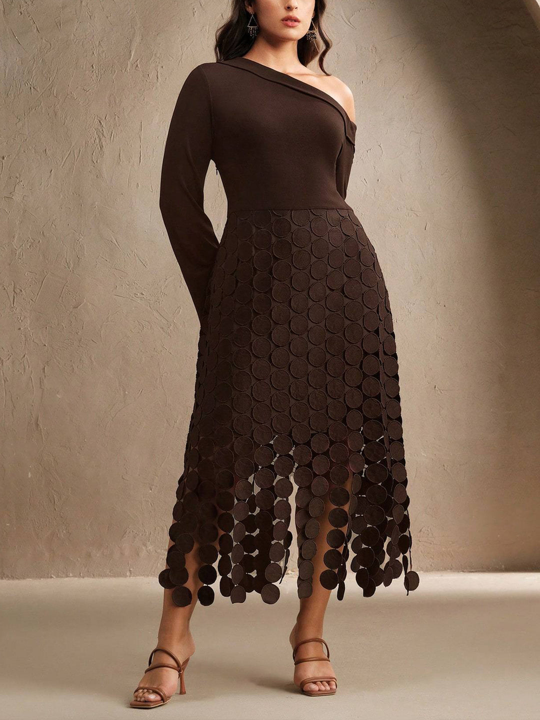 Women’s Asymmetrical Midi Dress with One Shoulder Top and Circle Appliqué Skirt Mune Fashion