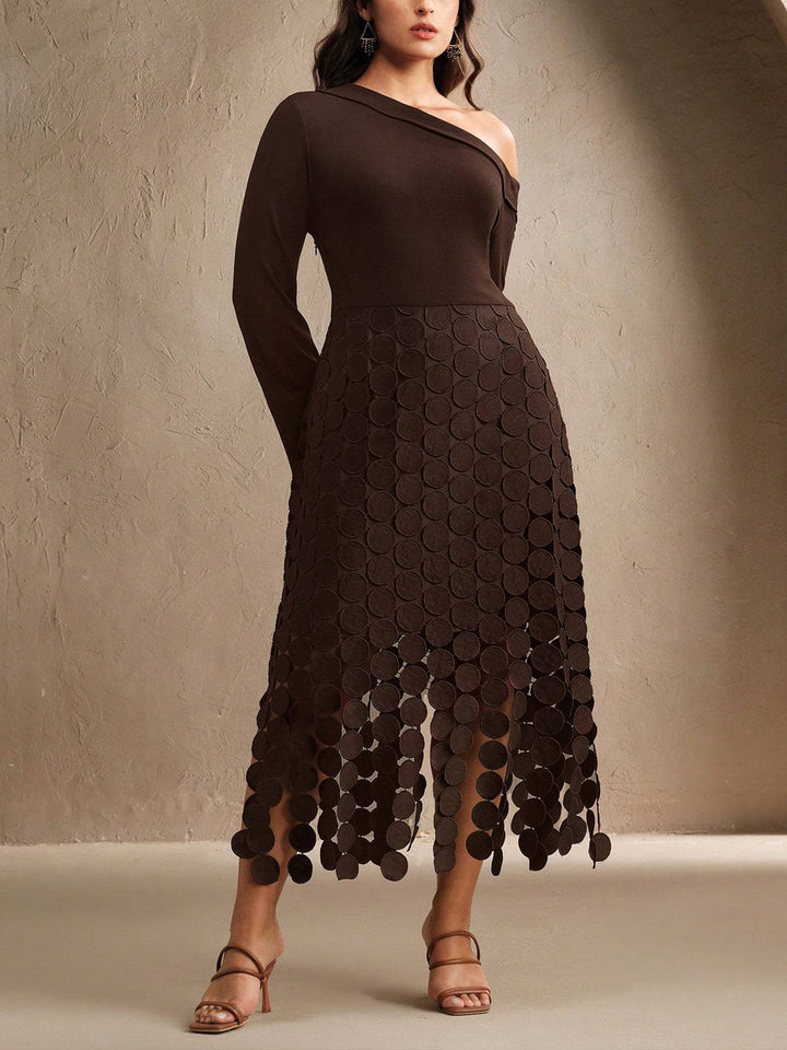 Women’s Asymmetrical Midi Dress with One Shoulder Top and Circle Appliqué Skirt Mune Fashion
