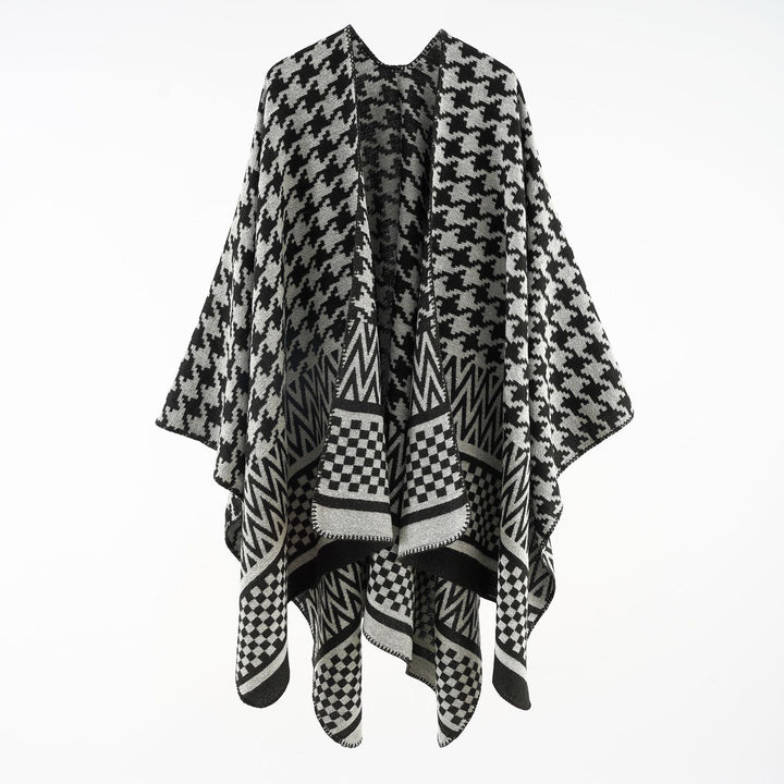 Women's Jacquard Cape Poncho with Houndstooth and Geometric Pattern Mune Fashion