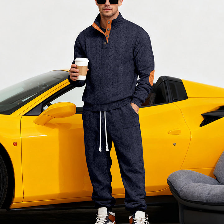 Men's knitted combination of sweater and joggers with cable pattern and elbow patches Mune Fashion