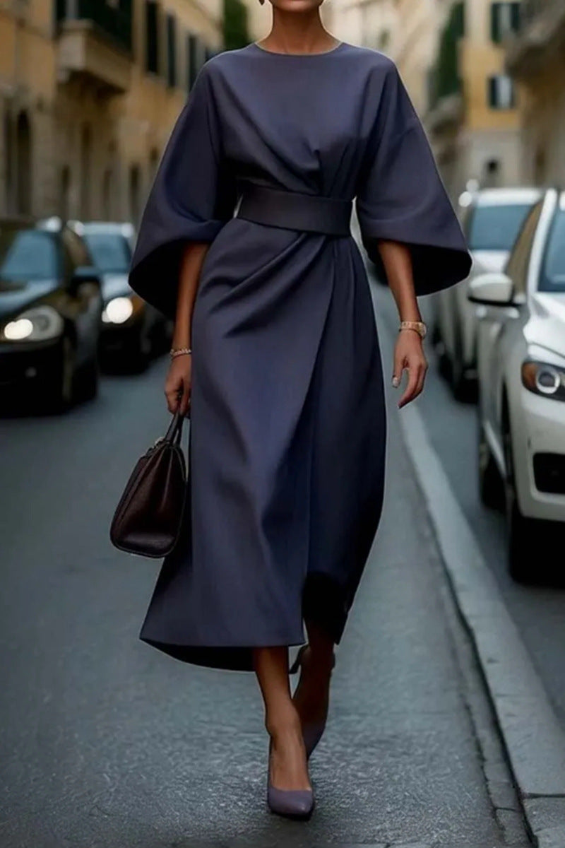 Ladies Elegant Midi Dress with Wide Kimono Sleeves, Tailored Belt and Draped A-Line Mune Fashion
