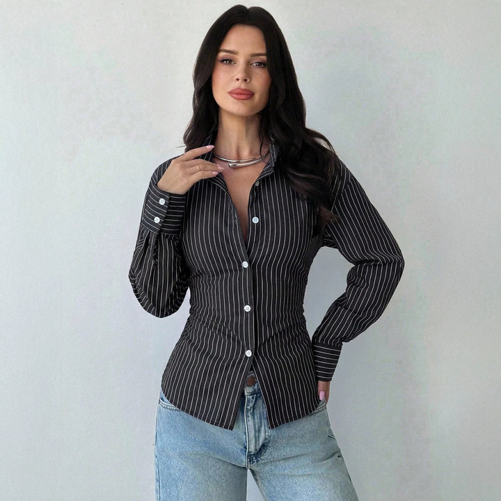 Women tailored striped blouse with Kent collar and voluminous sleeves Mune Fashion
