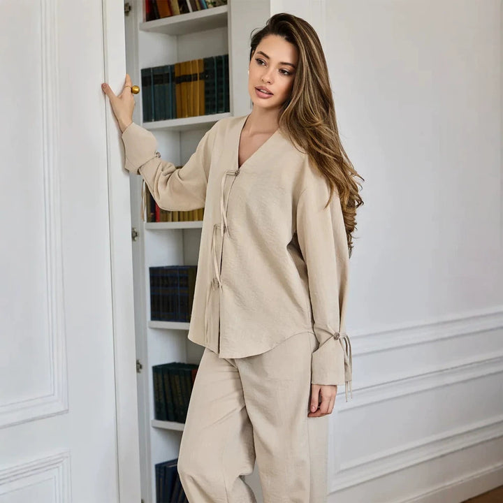 Women's Casual Lounge Set with V-Neck, Button Placket and Drawstrings Mune Fashion