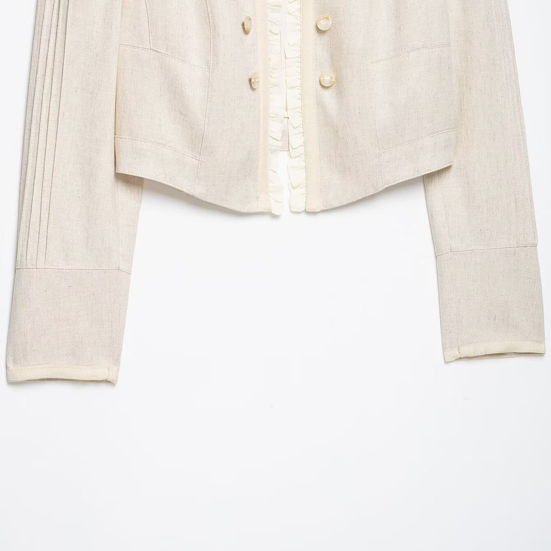 Women Cropped Jacket with Stand Collar, Pleated Sleeves and Ruffle Trim Mune Fashion