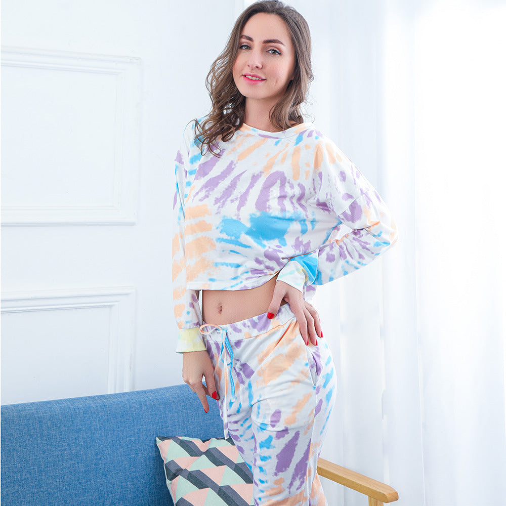 Women's Two-Piece Crop Lounge Set with Tie-Dye Print, Oversized Sweatshirt and Drawstring Joggers Mune Fashion