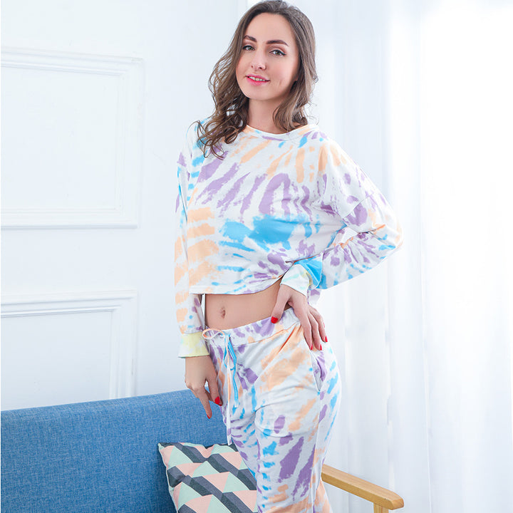Women's Two-Piece Crop Lounge Set with Tie-Dye Print, Oversized Sweatshirt and Drawstring Joggers Mune Fashion