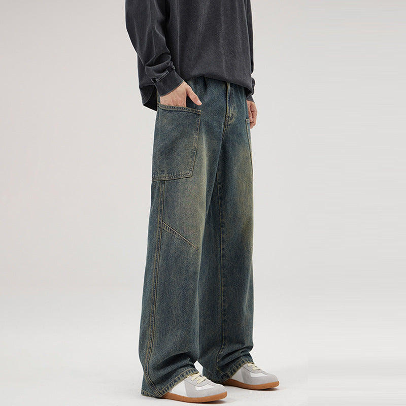 Men's Ultra-Wide Stonewashed Denim Palazzo Cargo Pants with Large Patch Pockets Mune Fashion