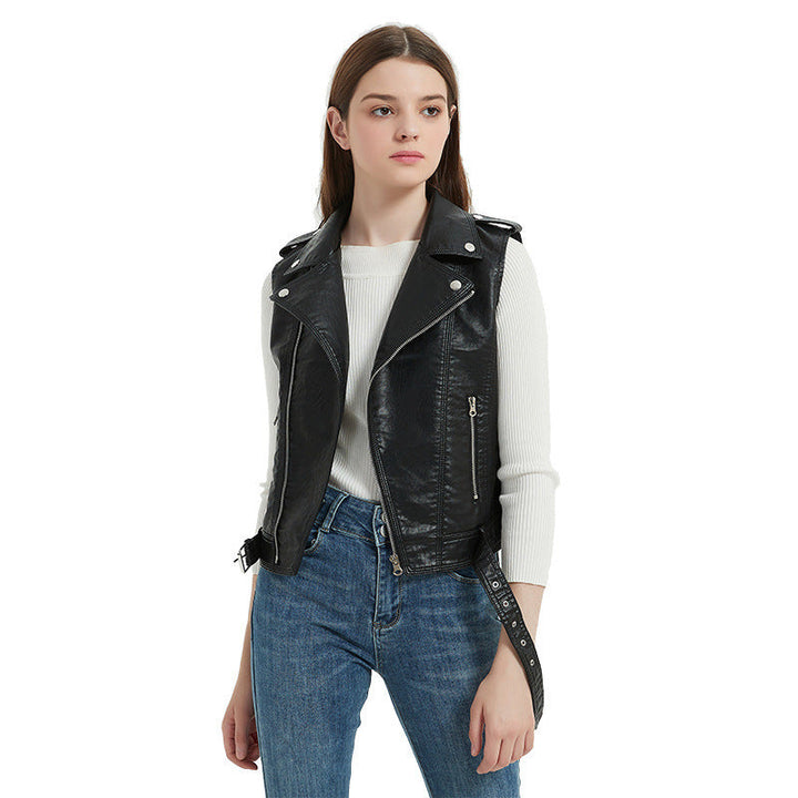 Women's biker leather vest with asymmetrical zipper