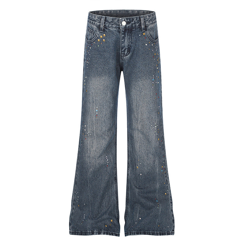 Women High-Waist Flared Jeans with Pearl and Stud Decoration Mune Fashion