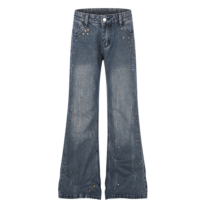 Women High-Waist Flared Jeans with Pearl and Stud Decoration Mune Fashion