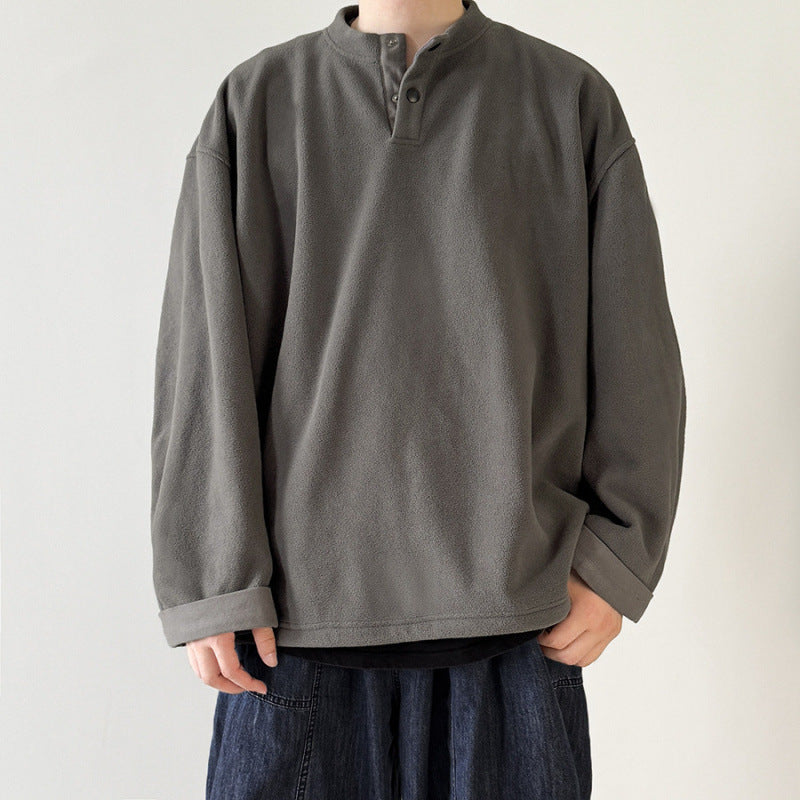 [Unisex] Oversize-Fleece-Henley-Pullover with half button placket, drawstring hem, and rolled sleeves Mune Fashion