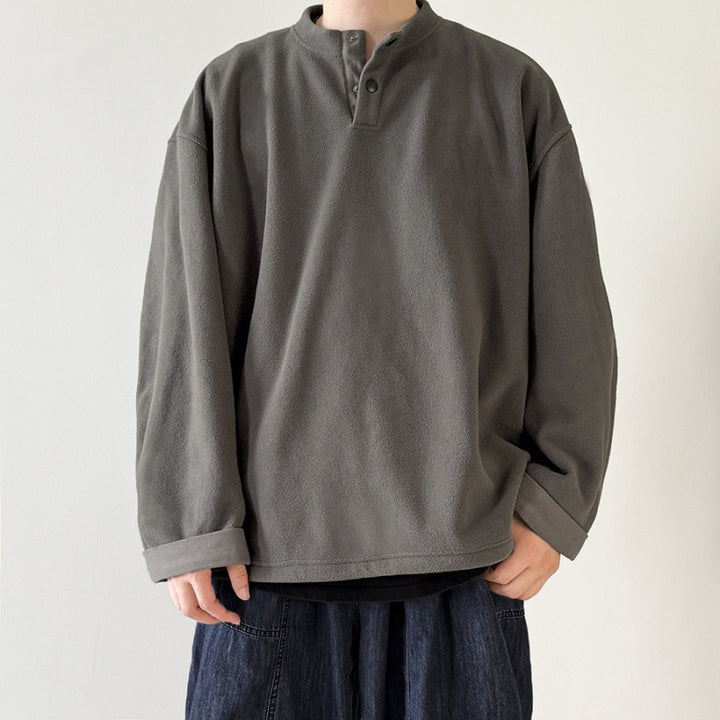 [Unisex] Oversize-Fleece-Henley-Pullover with half button placket, drawstring hem, and rolled sleeves Mune Fashion