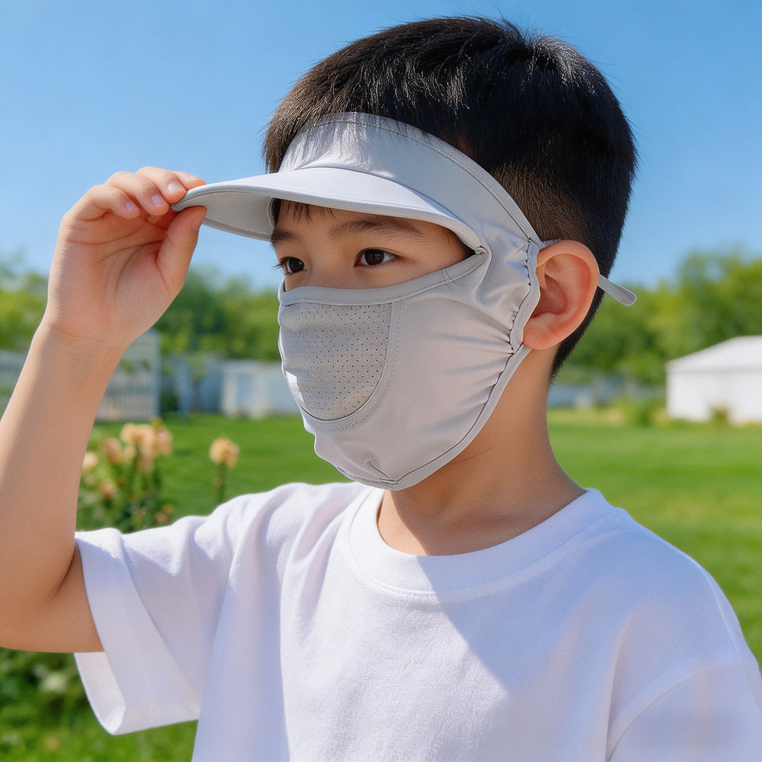 Unisex nan children's sun visor with integrated breathable face mask, adjustable neck strap, and perforated chin area Mune Fashion