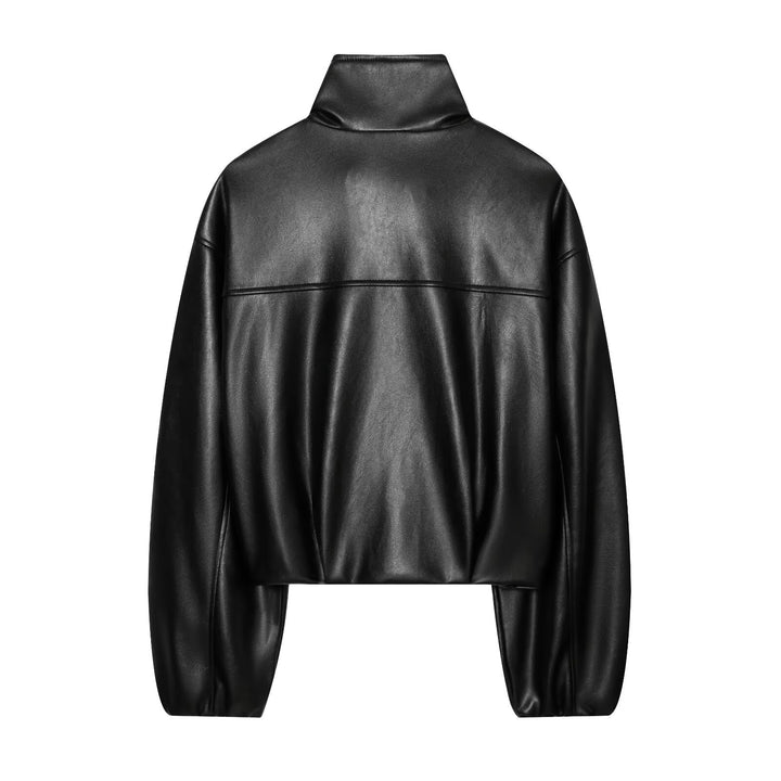 Ladies short faux leather bomber jacket with stand-up collar and concealed zipper Mune Fashion