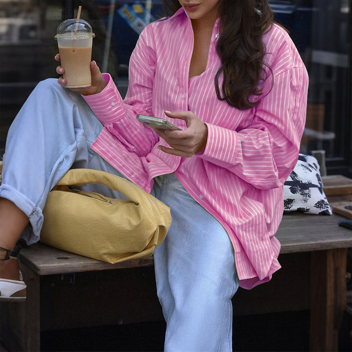 Women's oversized striped shirt blouse with extended back and extra wide cuffs Mune Fashion