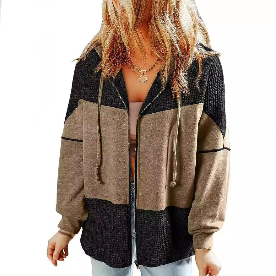 Women's Casual Oversized Hoodie Jacket with Textured Knit Inserts and Zipper Mune Fashion
