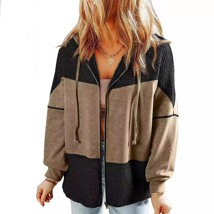Women's Casual Oversized Hoodie Jacket with Textured Knit Inserts and Zipper Mune Fashion