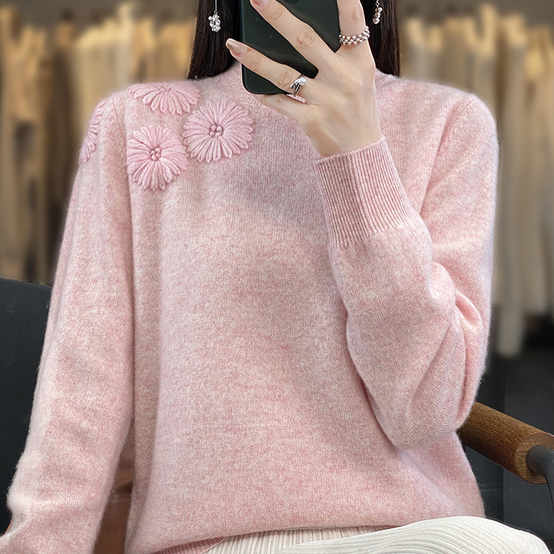 Women Soft Fine Knit Sweater with Short Stand-Up Collar, 3D Flower Application and Ribbed Cuffs Mune Fashion