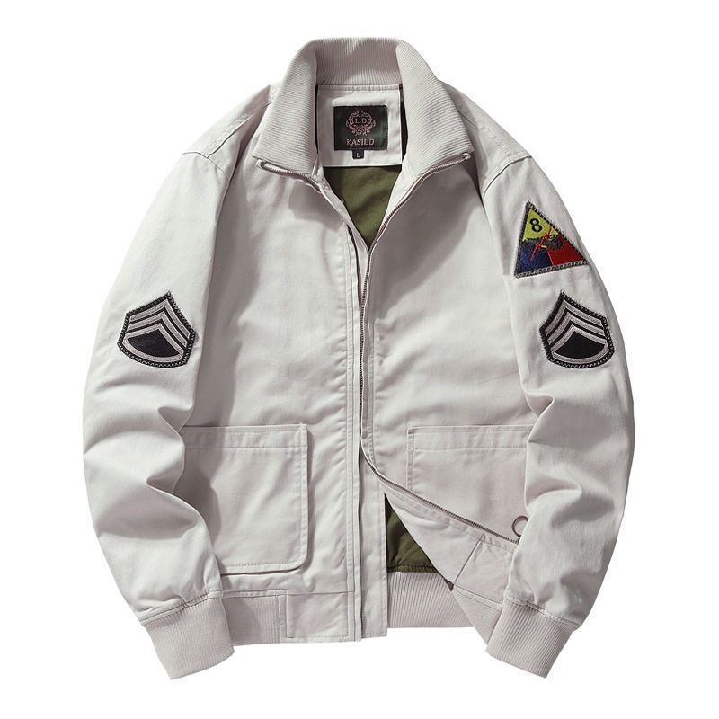 Men's canvas bomber jacket in worker blouson style with badge patches and ribbed collar Mune Fashion