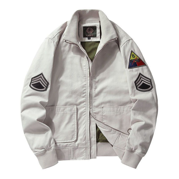 Men's canvas bomber jacket in worker blouson style with badge patches and ribbed collar Mune Fashion