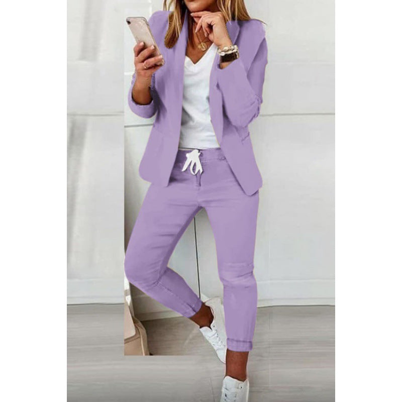 Women's Two-Piece Stretch Jersey Blazer Set with Drawstring Jogging Pants Mune Fashion