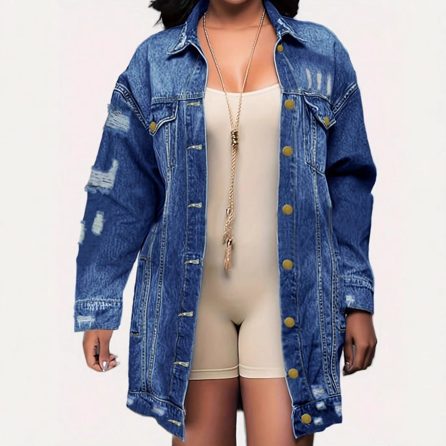 Women's Oversize Longline Denim Jacket with Distressed Details and Flap Pockets Mune Fashion