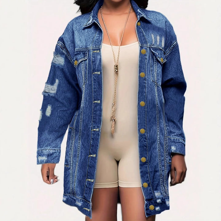 Women's Oversize Longline Denim Jacket with Distressed Details and Flap Pockets Mune Fashion
