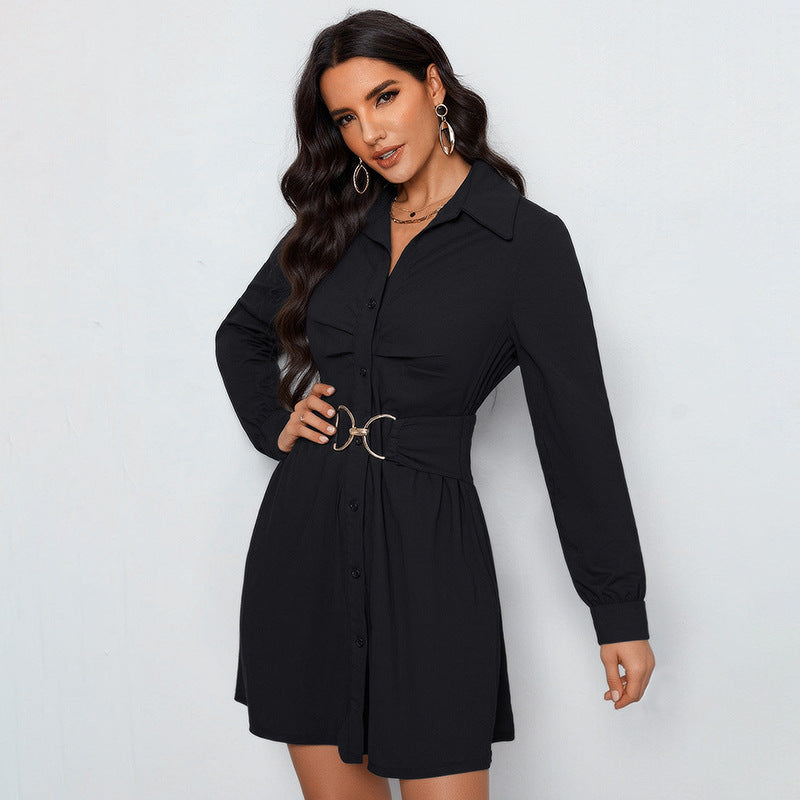 Ladies shirt blouse mini dress with waist belt and decorative metal ring Mune Fashion