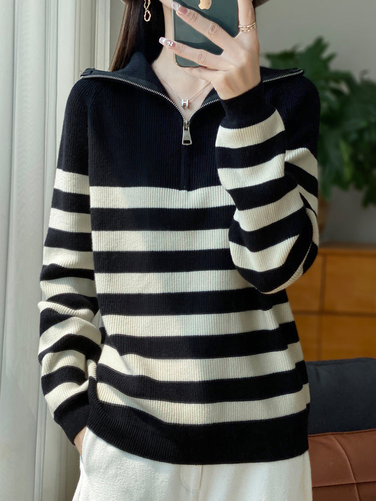 Women's Maritime Sweater Pullover made of fine ribbed knit with wide horizontal stripes Mune Fashion