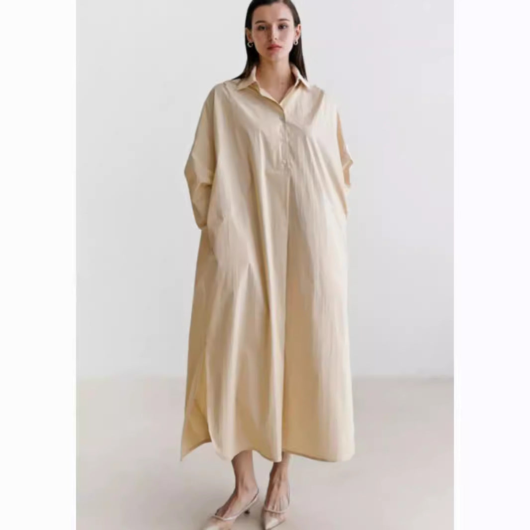 Women Flowing Oversized Shirt Dress with Kent Collar, Kimono Sleeves and Side Slits Mune Fashion