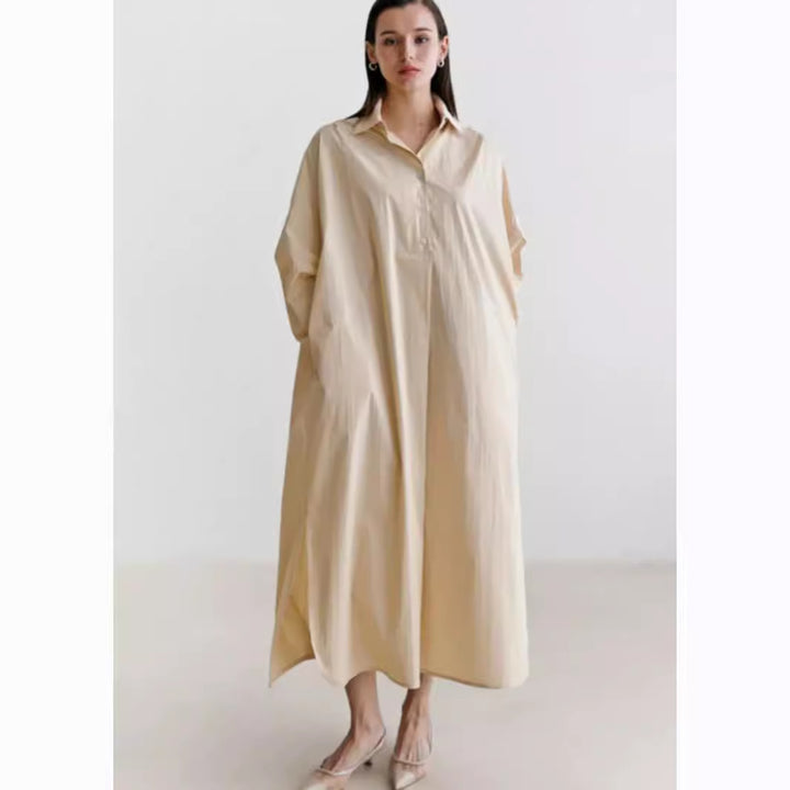 Women Flowing Oversized Shirt Dress with Kent Collar, Kimono Sleeves and Side Slits Mune Fashion