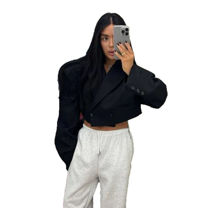 Women Cropped Boxy Short Blazer with Boxy Silhouette and Extra Long Sleeves Mune Fashion