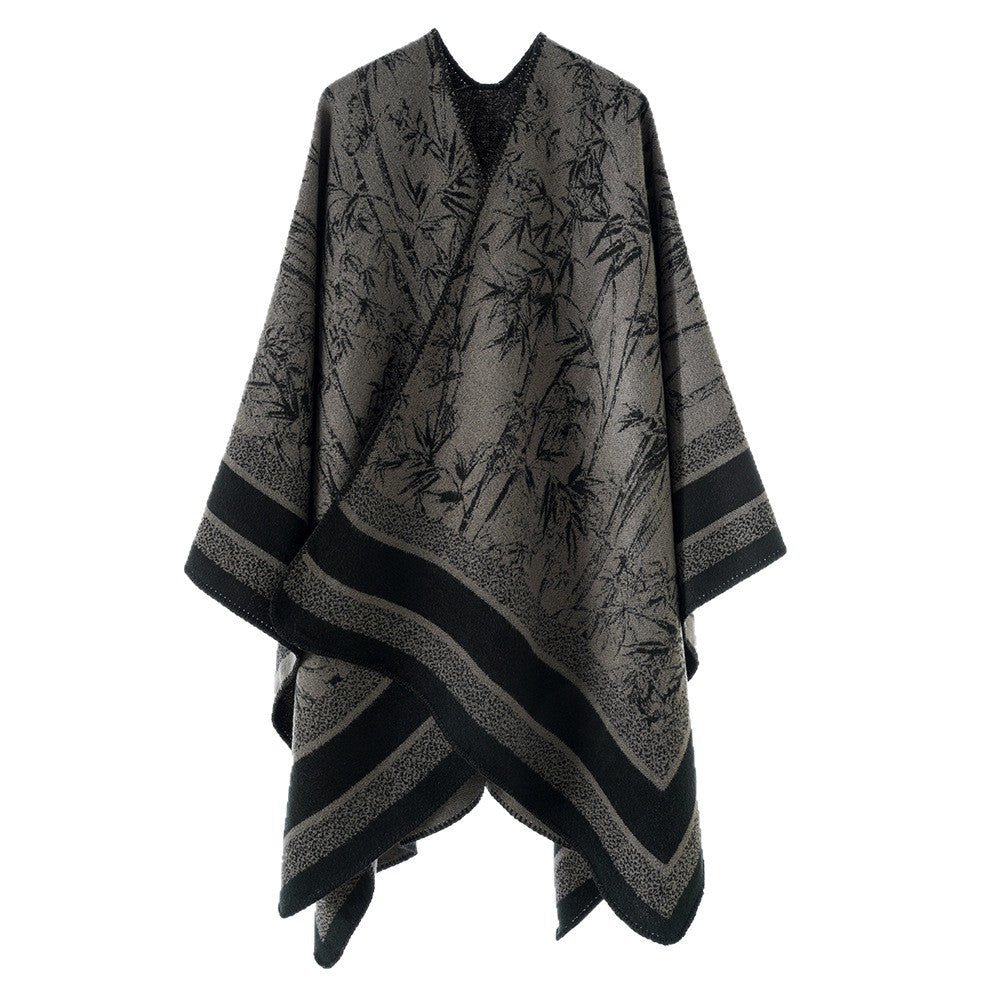 Women's Jacquard Poncho in Cape Style with Bamboo Design and Open Front Mune Fashion