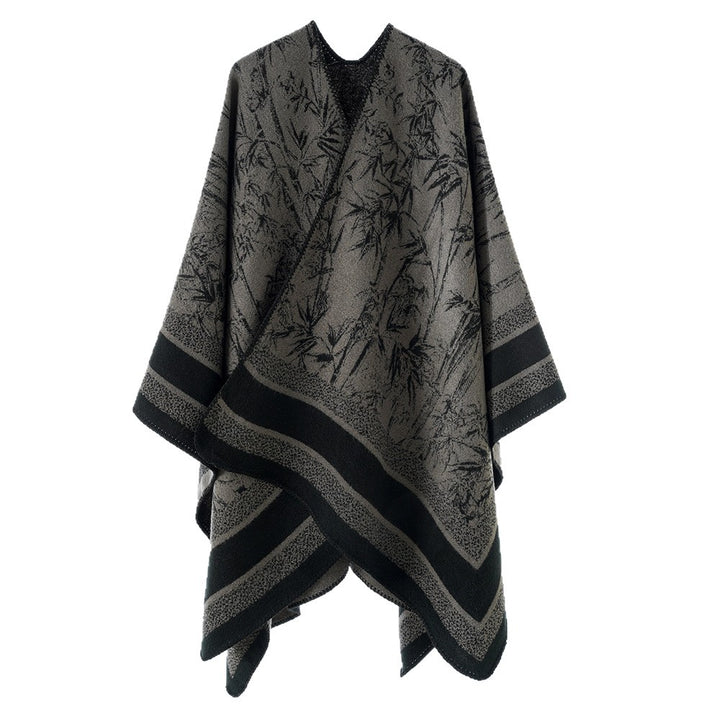 Women's Jacquard Poncho in Cape Style with Bamboo Design and Open Front Mune Fashion