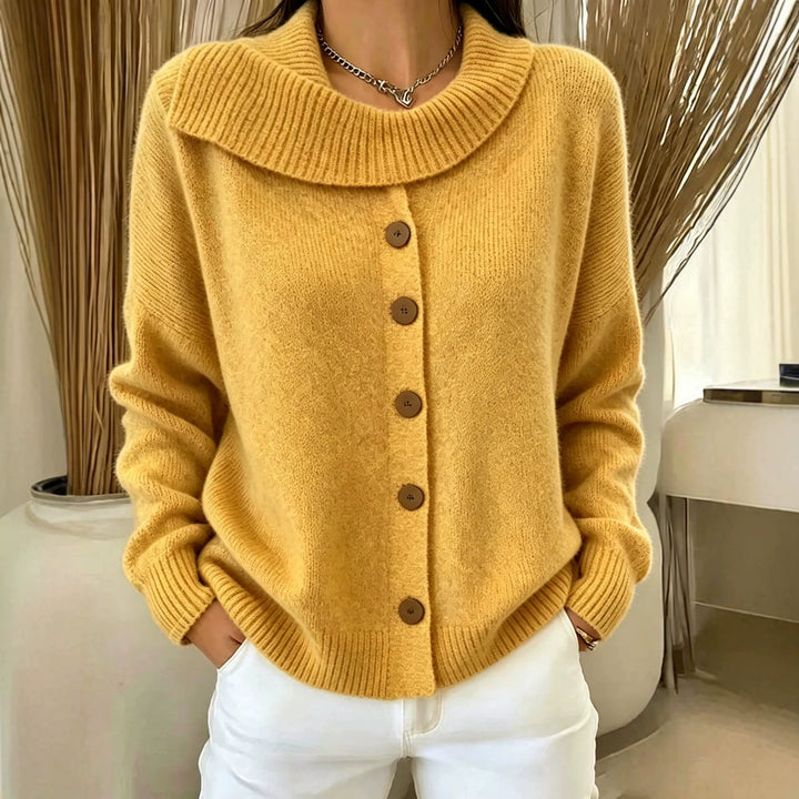 Women's Cozy Button Cardigan with Wide Roll Neck and Ribbed Cuffs Mune Fashion