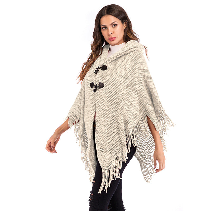 Women's Chunky Knit Poncho with Roll Neck, Fringes & Checkered Pattern Mune Fashion