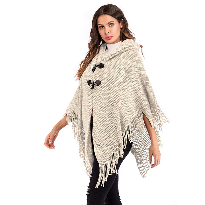 Women's Chunky Knit Poncho with Roll Neck, Fringes & Checkered Pattern Mune Fashion
