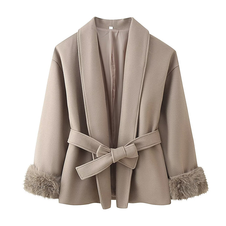 Women's wrap belt coat with shawl collar and faux fur cuffs Mune Fashion