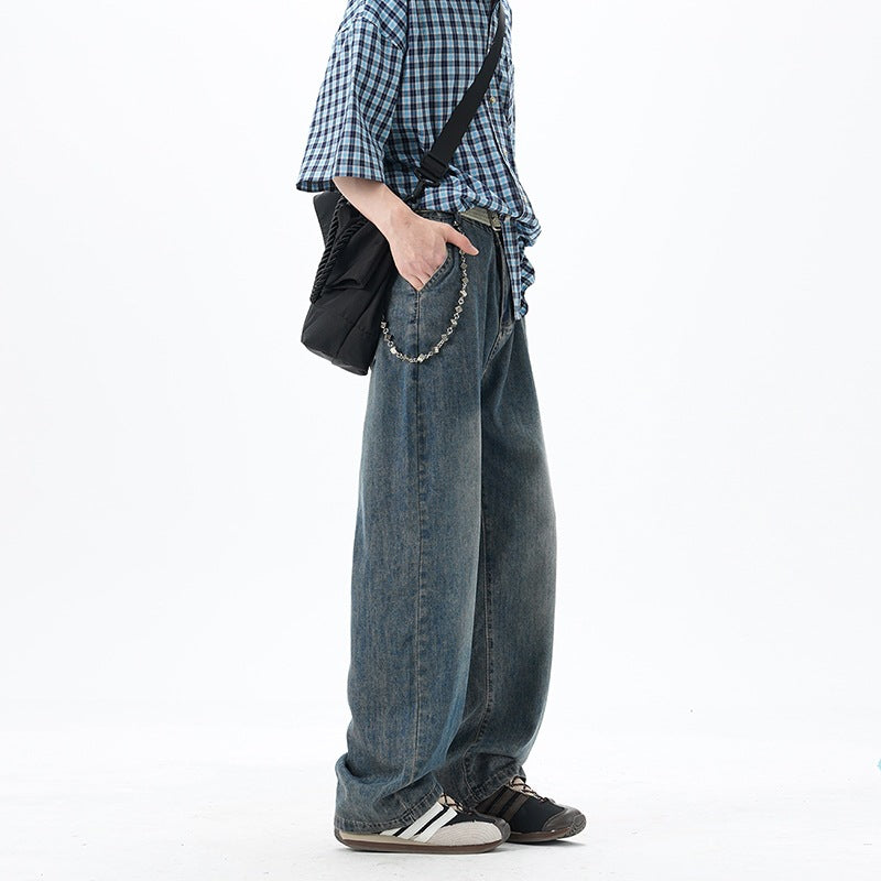Men's Loose Denim Jeans with Vintage Wash and Drop Crotch Mune Fashion