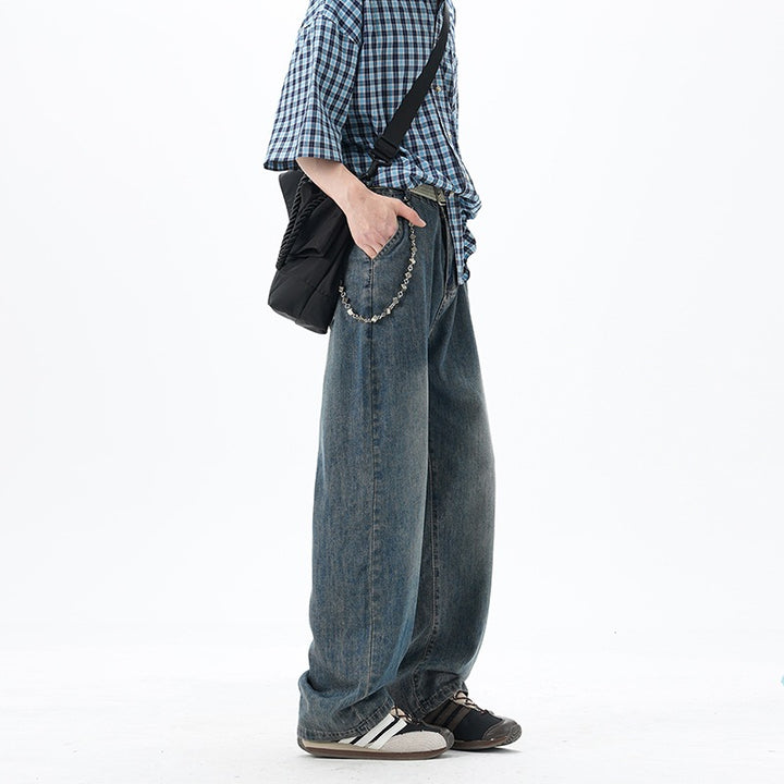Men's Loose Denim Jeans with Vintage Wash and Drop Crotch Mune Fashion