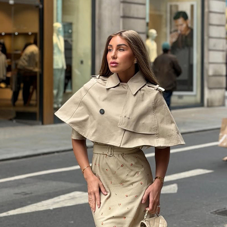 Women's Short Cape Trench with Lapel Collar, Double Button Placket and Boxy Cropped Cut Mune Fashion