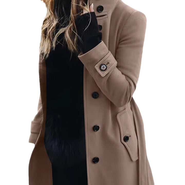 Women's tailored wool blend coat with stand-up collar, flap pockets, and adjustable waistband Mune Fashion