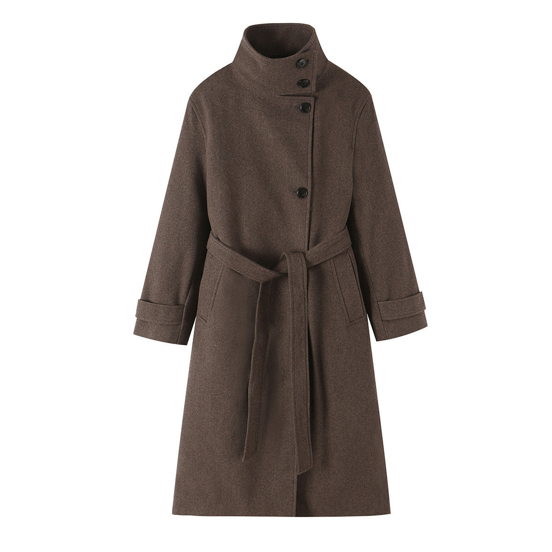 Women's wool coat with stand-up collar, tie belt and asymmetric button placket Mune Fashion