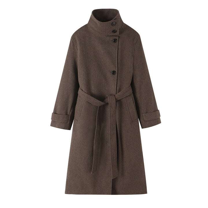Women's wool coat with stand-up collar, tie belt and asymmetric button placket Mune Fashion